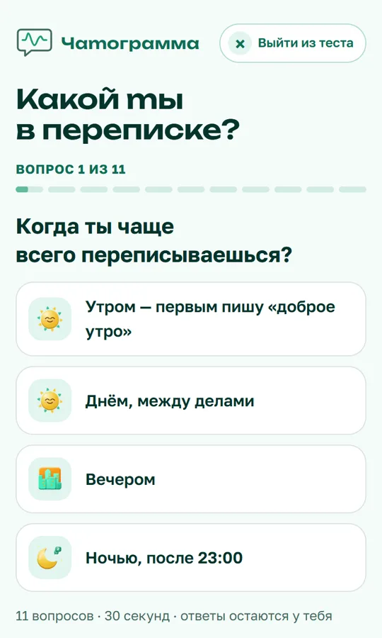 Экран теста «Какой ты в переписке?» на телефоне: вопрос 1 из 11 «Когда ты чаще всего переписываешься?» и четыре варианта ответа